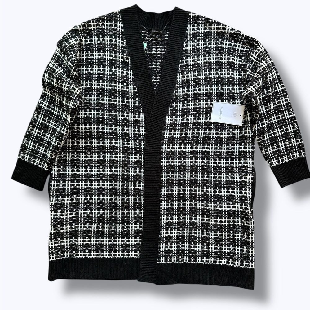 CALIGRAPHIE Black White Tweed Open Front Cardigan Size 2X Women’s Long Coatigan